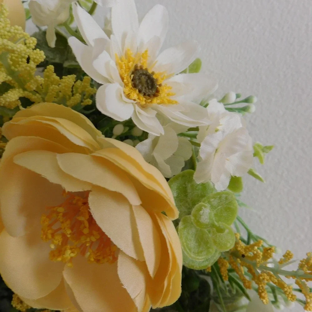 Yellow and White Floral Wreath, 11 Inch Candle Ring Centerpiece